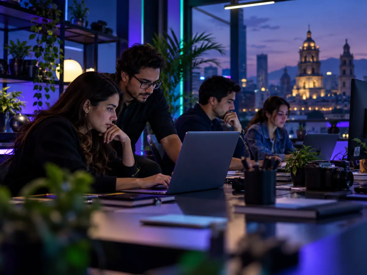 Casos de éxito de marketing digital: equipo revisa resultados de proyectos web en una oficina