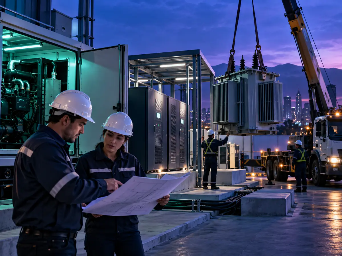 Marketing para distribuidores de equipo eléctrico: técnicos revisan planos junto a un transformador