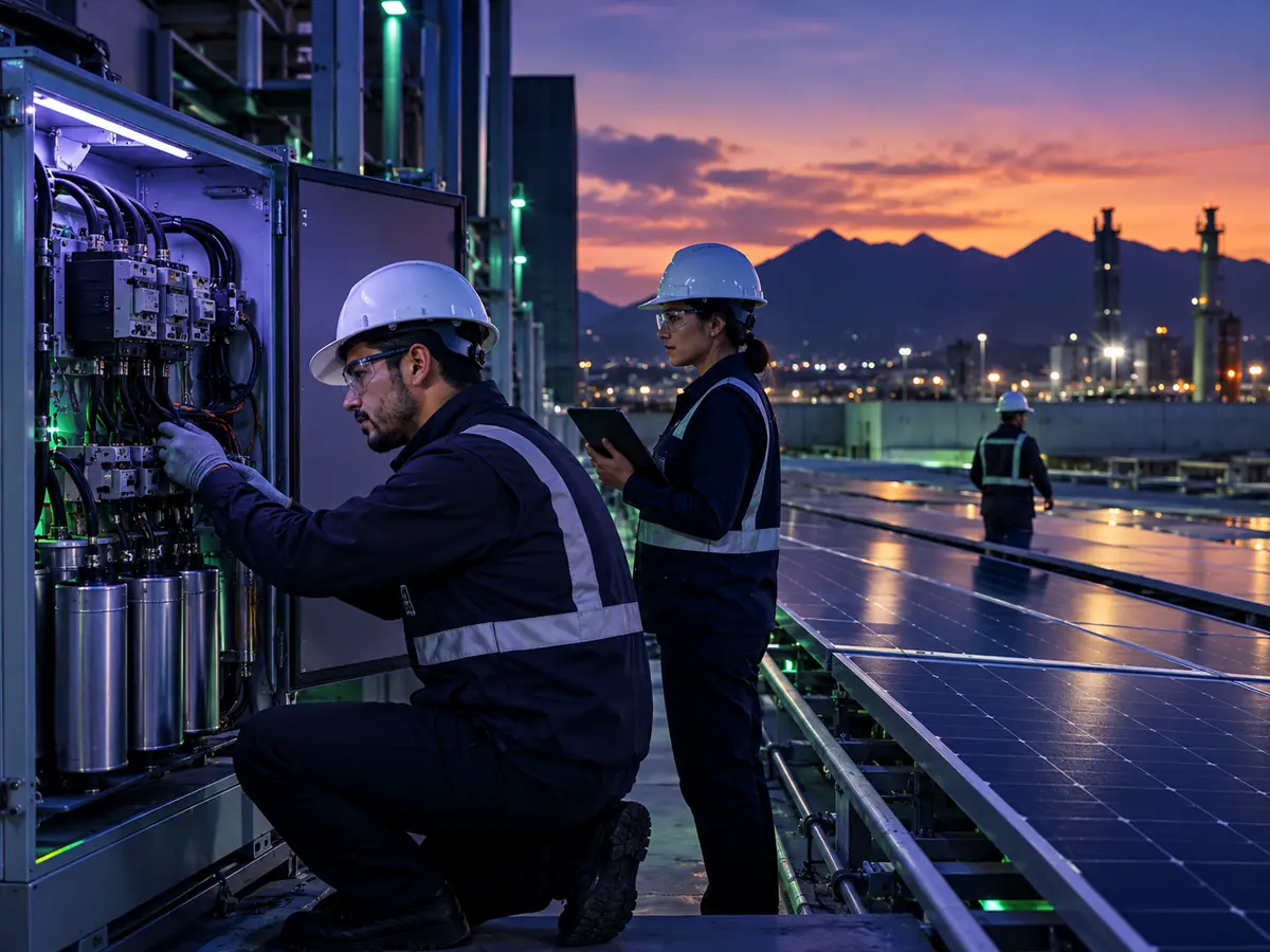 Marketing para empresas de eficiencia energética: técnicos revisan un tablero eléctrico junto a paneles solares